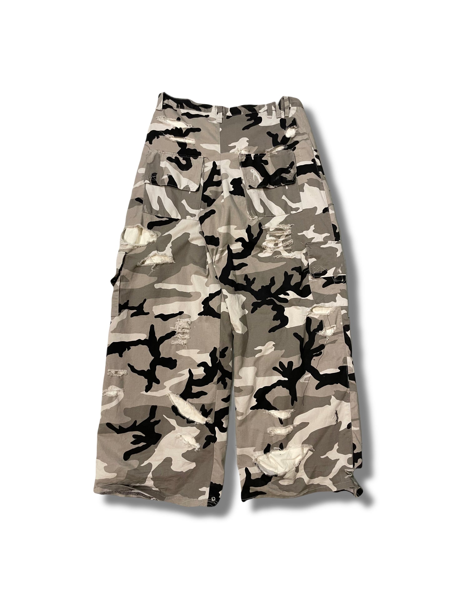 Distressed camo cargo pants
