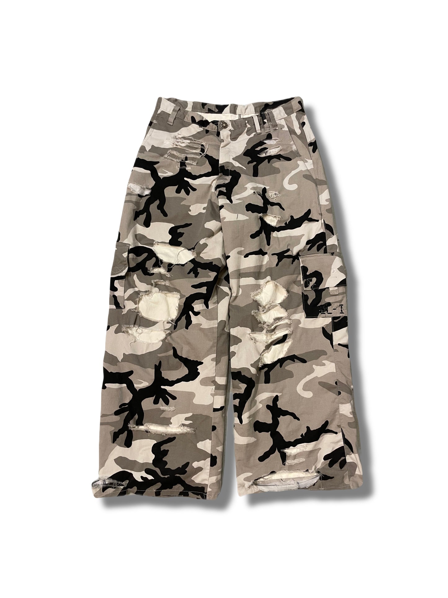 Distressed camo cargo pants