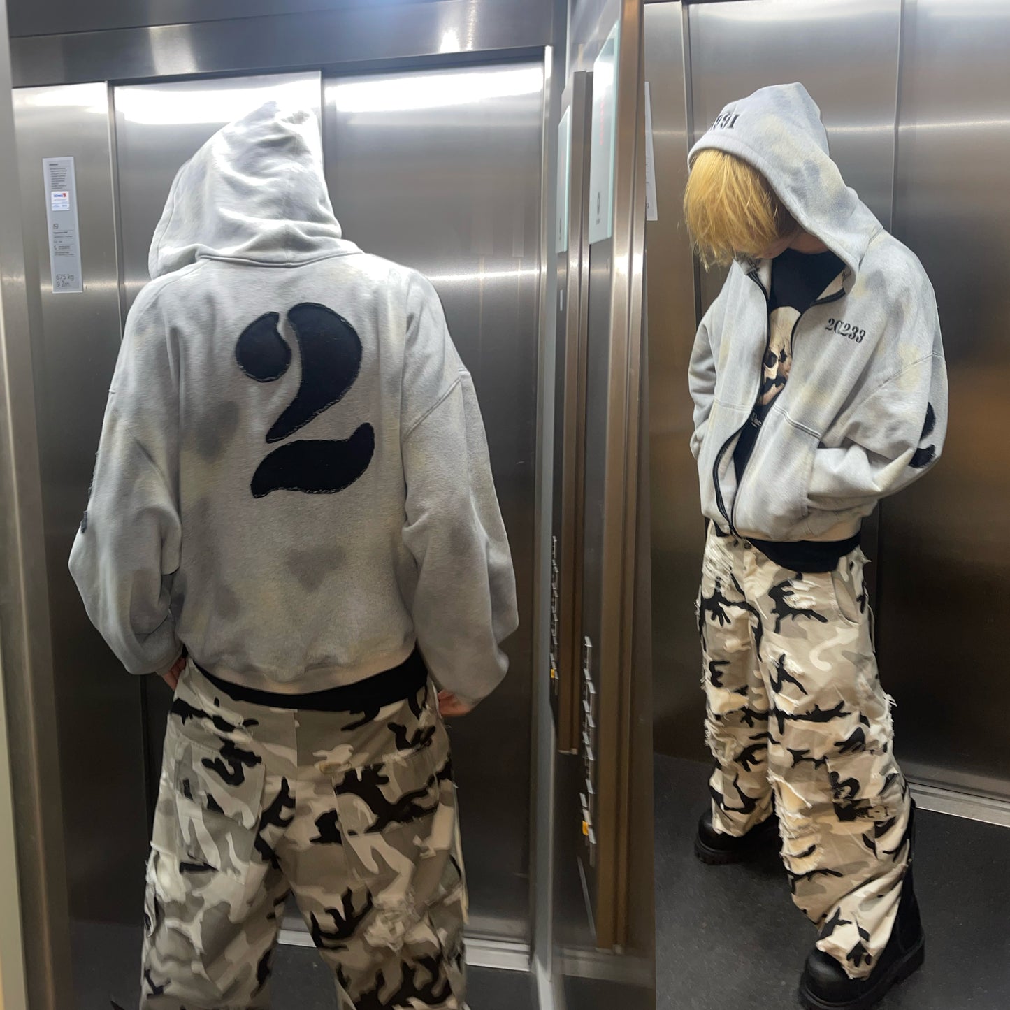 Distressed camo cargo pants